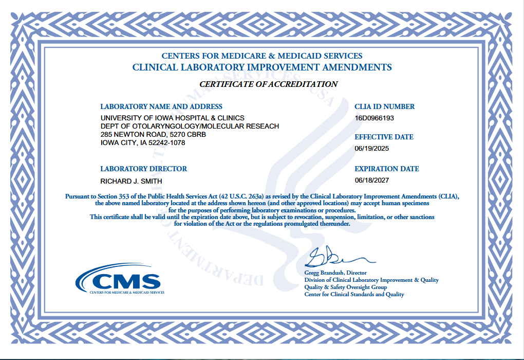 CLIA Certificate of Accreditation 6/19/2025 to 6/18/2027