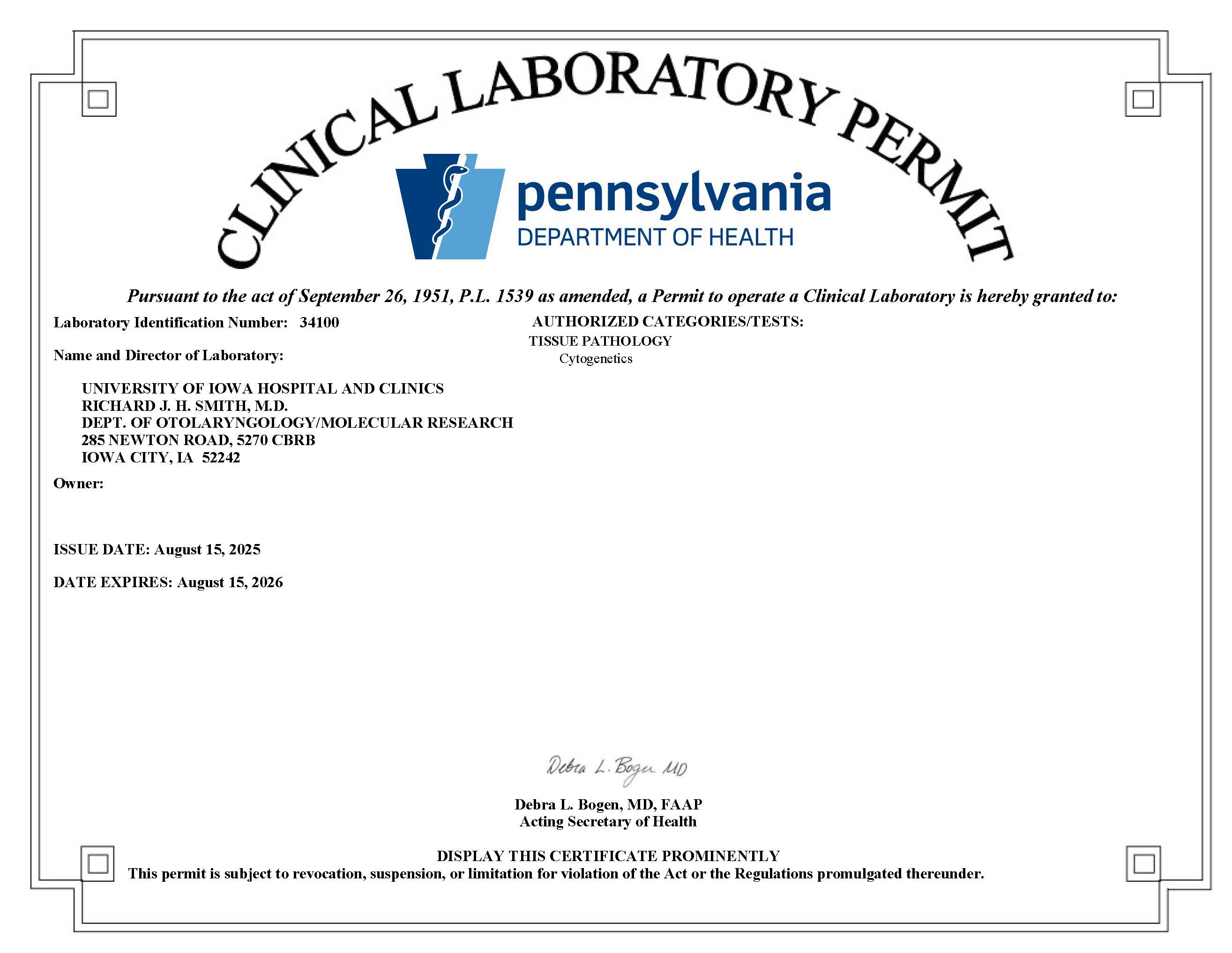 Pennsylvania Department of Health Clinical Laboratory Permit 8/15/2025-8/15/2026