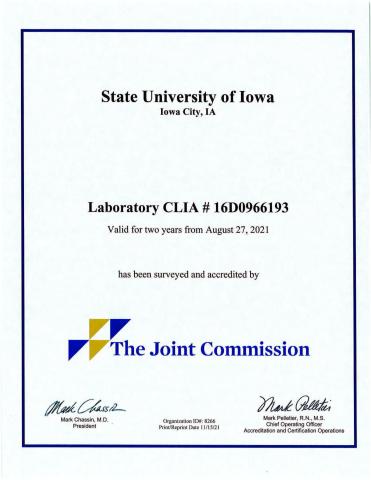 Certificate certifying that the MORL has been surveyed and accredited by The Joint Commission.  This certificate is valid for two years from August 27, 2021.