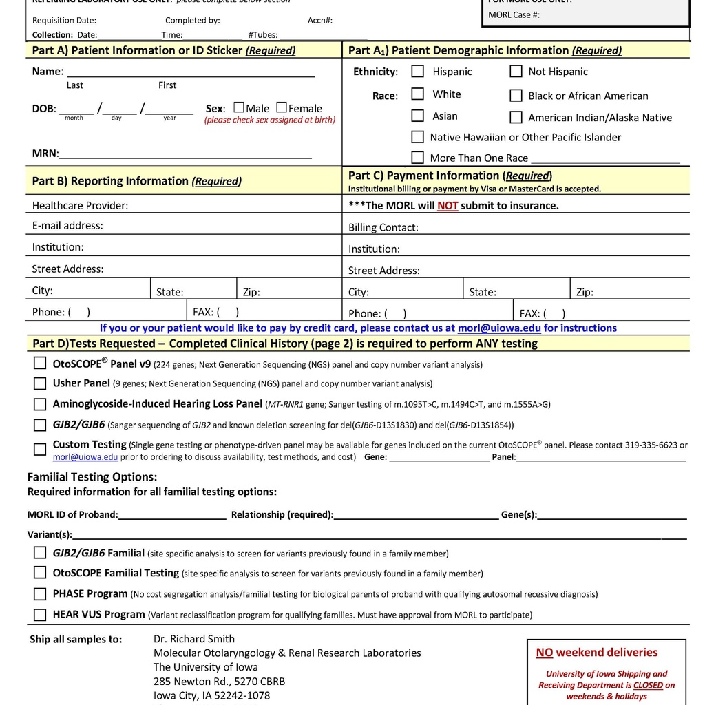 Static image of first page of the Clinical hearing loss testing requisition form.